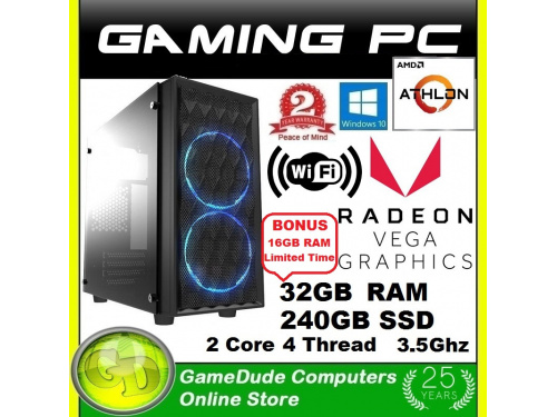 X GAMER ATHLON 3000G 2-Core 4-THREAD 3.5GHz WiFi Gaming PC 32GB DDR4 ram 240GB SSD VEGA 3 Graphics &lt;b&gt;Windows-10 2 Year WNTY&lt;/b&gt;