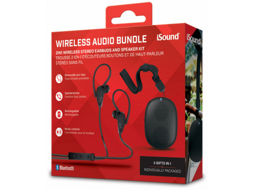 iSOUND Wireless Audio Bundle 2 in 1 Stereo Earbuds and Speaker Kit - Music Controls - Ear Clip - BLACK (845620068203)  ITEM # : ISOUND-6820