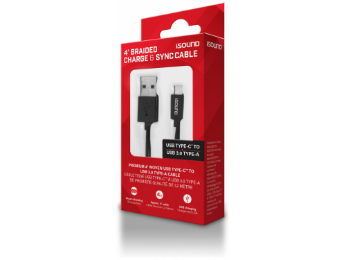 i-Sound USB-A to USB-C Braided Charge &amp; Sync 4ft Cable - Black MODEL : I-SOUND-6101 (845620061013)
