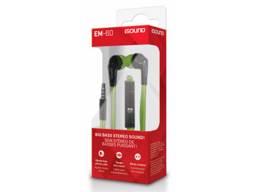iSOUND EM-60 Big Bass Stereo Earbuds GREEN Hands Free Calls - Music Controls - Tangle Free Cord (845620057252)  ITEM # : DGHP-5725