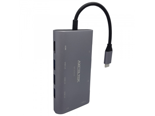 Axceltek 15cm USB-C to RJ45/HDMI/USB-C/3x USB-A adapter + Card Reader PN : MT-UC4100